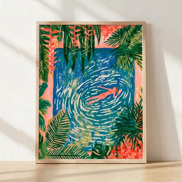 Framed minimalist gouache poster of a peaceful swimmer floating in turquoise tropical lagoon water, surrounded by coral pink flowers and forest green palm fronds in a serene coastal scene.