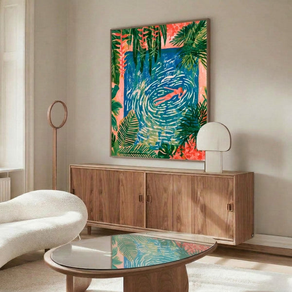 Minimalist tropical scene art print depicting a tranquil swimmer surrounded by cream and golden botanical elements against deep blue ocean, creating a peaceful island escape mood.