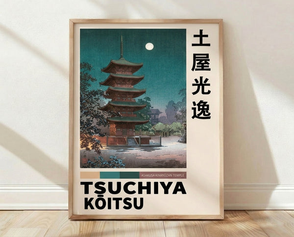Serene Japanese woodblock print featuring Asakusa Pagoda under moonlight, with teal and deep green tones, framed poster on wall.