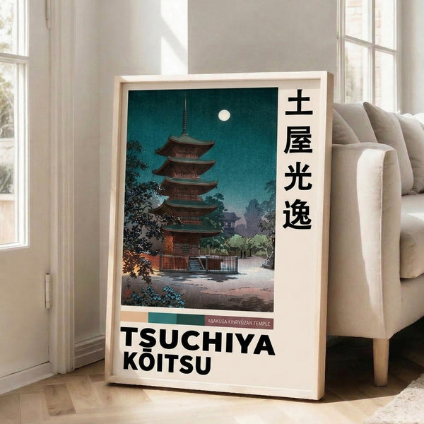 Nocturnal elegance captured in a vintage Japanese print: illuminated Asakusa Pagoda with garden gate and trees in serene moonlit composition.