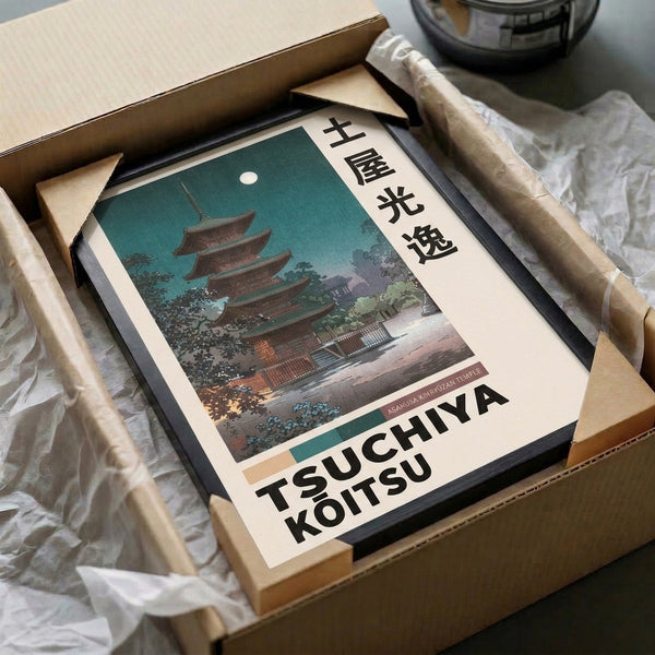 Contemplative Asakusa Pagoda moonlight scene rendered in traditional Japanese woodblock style with cool teals contrasting warm burnt sienna, framed wall art.
