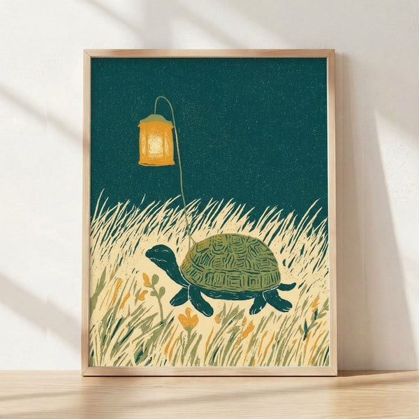 Framed minimalist linocut-style poster of a turtle carrying a glowing lantern through grass and wildflowers under a starry night sky in teal, cream, and forest green tones.