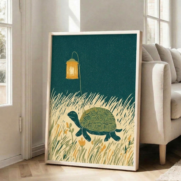 Cottagecore art print featuring a peaceful turtle walking with a lantern past blooming flowers against a charcoal and teal nocturnal landscape, displayed on a wall.