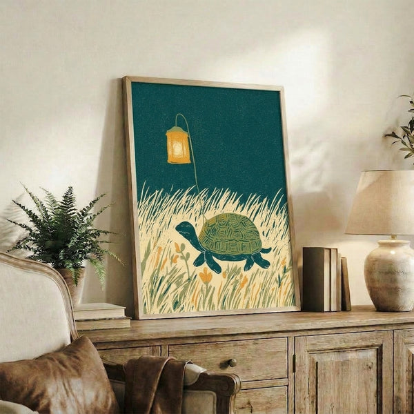 Whimsical nocturnal scene of a turtle with an ochre-yellow lantern moving through vegetation beneath a starlit sky, rendered in minimalist style with earthy tones.