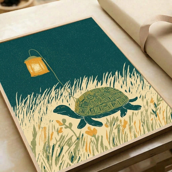 Zen-inspired framed poster showing a solitary turtle on a night journey with its lantern, surrounded by delicate flora and a dreamy starry sky in cool and warm earth tones.
