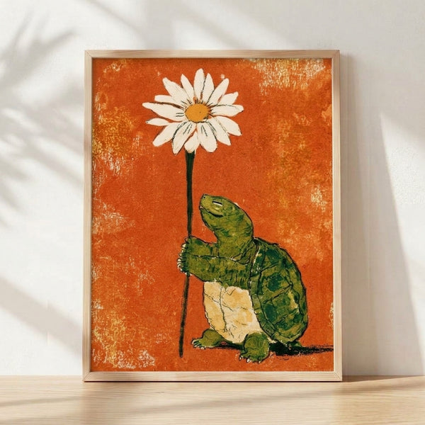 Framed retro folk art poster of a tortoise gently holding a golden daisy flower, rendered in warm burnt orange, cream, and forest green tones with a whimsical, hopeful mood.