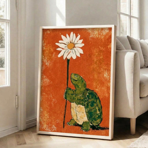 Boho-style art print featuring a tortoise cradling a delicate daisy in earthy burnt orange, cream, and golden yellow hues against a forest green background.