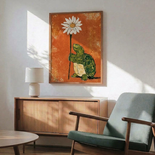 Retro folk art framed print of a gentle tortoise holding a golden daisy, infused with boho charm through its warm burnt orange, cream, and forest green color palette.