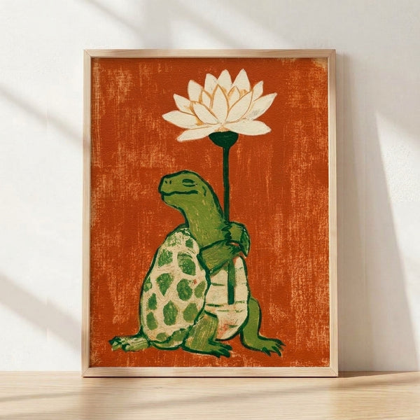 Whimsical folk art poster featuring a turtle cradling a delicate lotus flower in warm rust orange, cream, and forest green tones on a framed wall display.