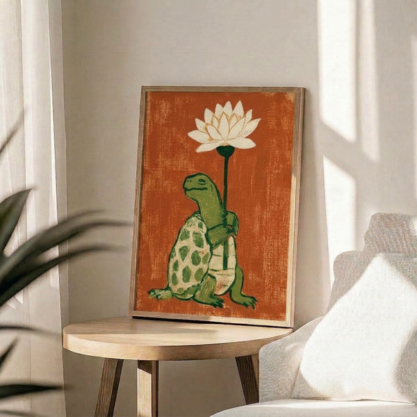 Boho-inspired retro art print of a gentle turtle holding a lotus blossom, rendered in earthy olive and rust hues with a contemplative, folk aesthetic.