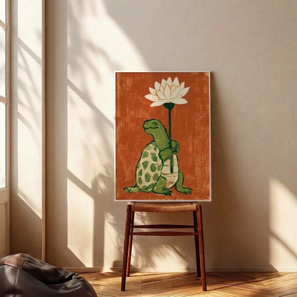 Folk art botanical poster showcasing a serene turtle with lotus flower in soft cream and warm orange accents, framed as cozy boho wall decor.