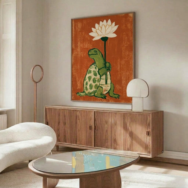 Retro whimsical illustration of a turtle presenting a lotus bloom in muted forest green and rust tones, a gentle nature-inspired framed art piece.
