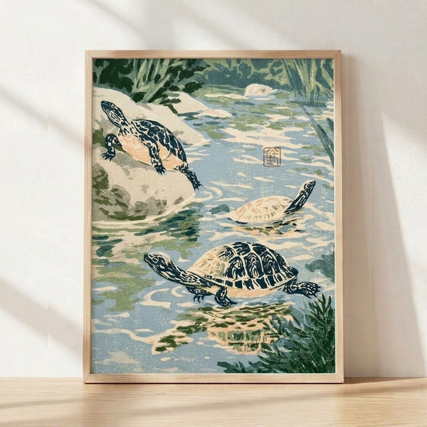 Serene Japanese woodblock art print depicting turtles swimming among aquatic plants in a pond, rendered in forest green, sage blue, and cream tones with meditative naturalistic detail.