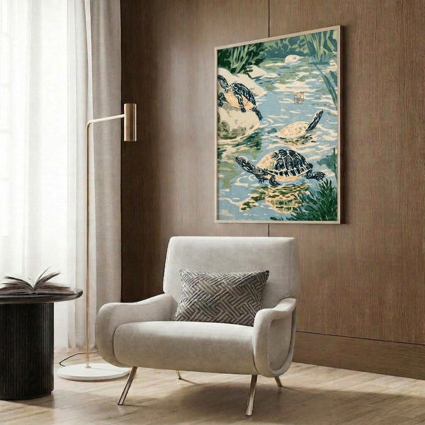 Calm nature-inspired art print featuring turtles in a zen garden pond surrounded by aquatic flora, combining Japanese woodblock technique with soothing sage and forest green hues.
