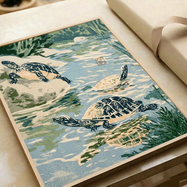Meditative wall art presenting swimming turtles among water plants in Japanese woodblock aesthetic, dominated by peaceful cream, navy, and blue-green tones with naturalistic detail.