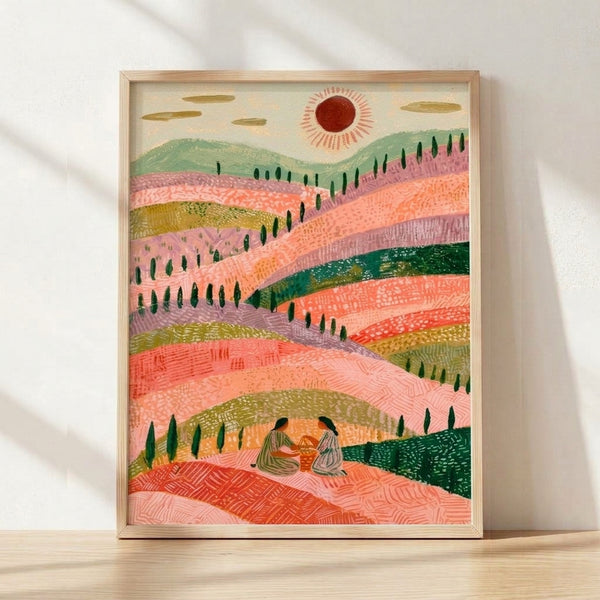 Framed gouache landscape painting of rolling hills and cypress trees beneath a warm golden sunset, with figures enjoying a picnic in the pastoral scene; soft coral pink, sage green, and cream tones create a peaceful, whimsical countryside mood.