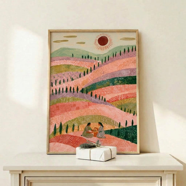 Cottagecore gouache art print featuring gently rolling hills dotted with cypress trees and a glowing sun at horizon, warm burnt red and golden yellow hues with peaceful sage green accents evoking a romantic countryside escape.