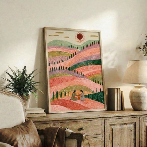 Japandi-inspired gouache landscape poster depicting a pastoral hillside with cypress silhouettes and sun-drenched sky in warm golds and coral pinks; peaceful, romantic mood ideal for cottagecore home decor.