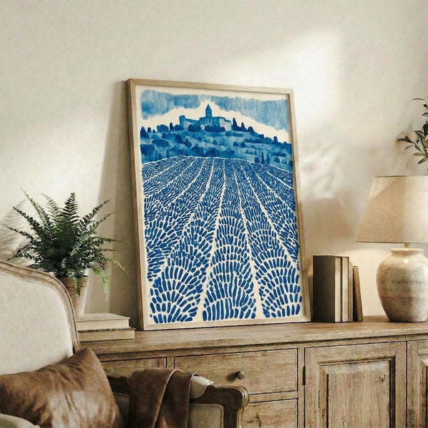 Serene French countryside landscape with undulating lavender fields, white sky, and a small church, painted in a timeless watercolor style with navy and cream accents.