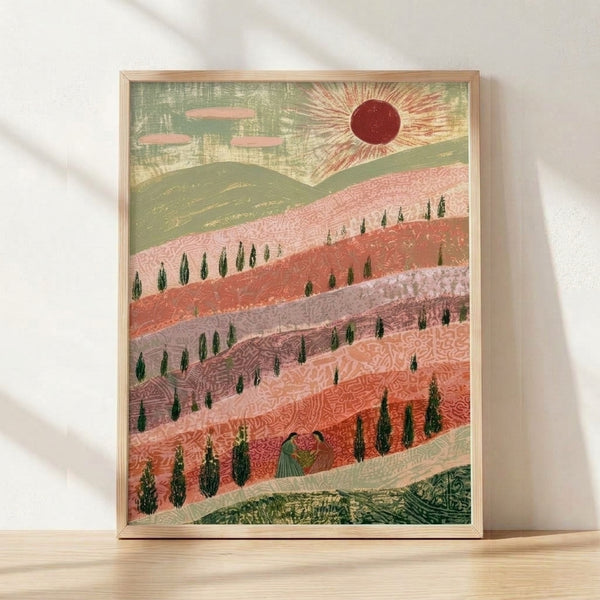 Retro landscape art print featuring terraced hills beneath a warm sun, with cypress trees and a solitary woman figure, rendered in sage green, coral, and dusty rose tones with Art Nouveau minimalist style.