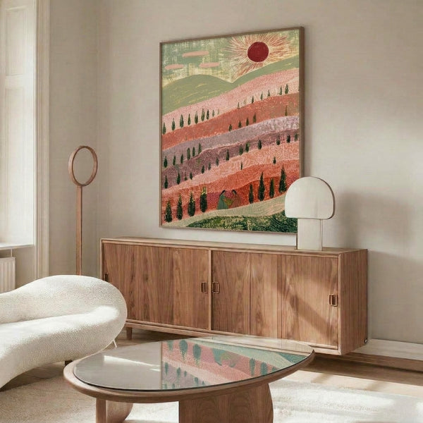 Nostalgic landscape poster with minimalist Art Nouveau design showing terraced hillsides, cypress silhouettes, and a woman gazing at a rising or setting sun, in muted sage green and dusty rose.