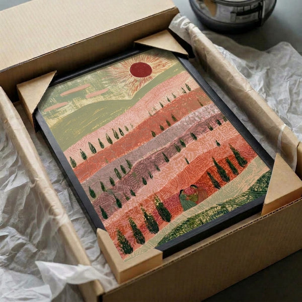 Romantic retro sun harvest scene wall print combining minimalist style with Art Nouveau flourishes, featuring cypress-lined hills, clouds, and a figure, in soothing forest green and coral tones.
