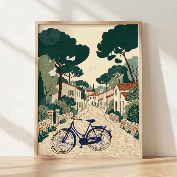 Retro-style framed poster of a peaceful Tuscan village street with a bicycle, featuring terracotta buildings, forest green trees, and soft sage accents in a Japandi aesthetic.