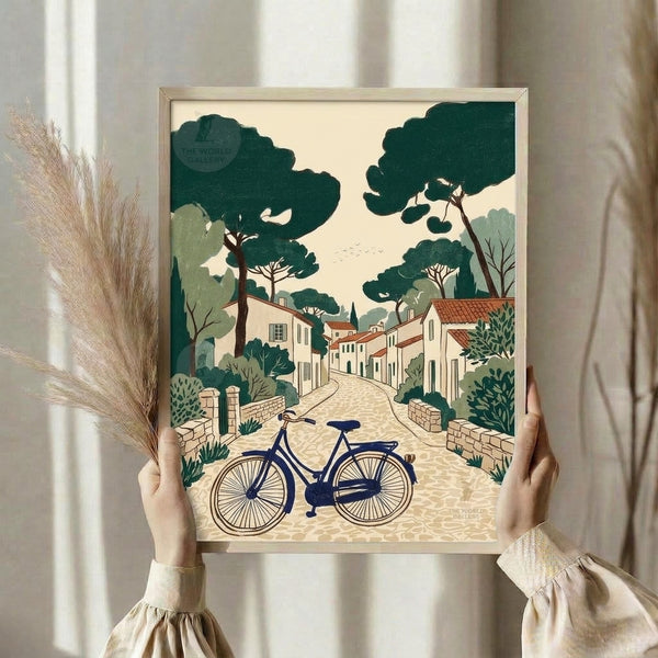 Wabi-sabi inspired poster showing a serene bicycle scene in a rustic village setting, combining cream and forest green with terracotta architecture in a vintage Japandi style.