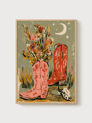 Cowboy Boots Floral Still Life Print poster in oak frame