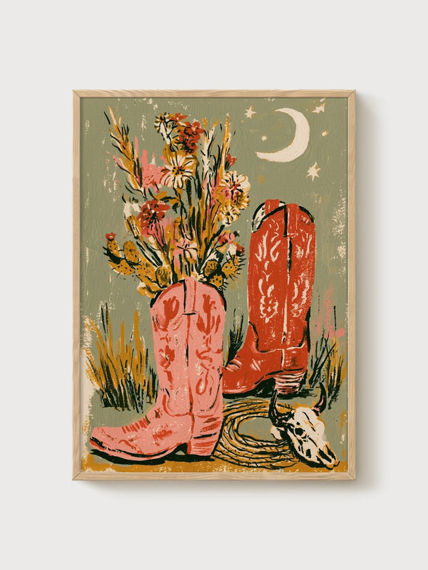 Cowboy Boots Floral Still Life Print poster in oak frame