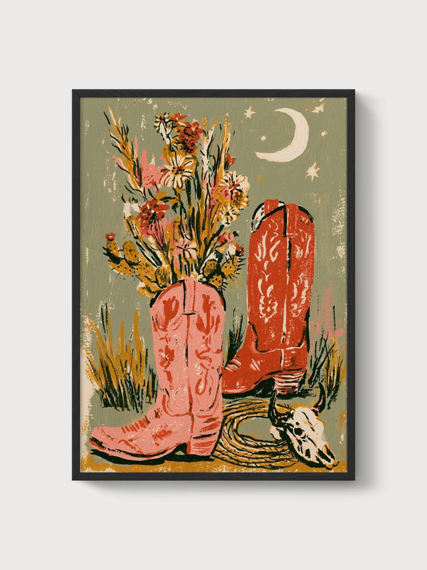 Cowboy Boots Floral Still Life Print poster in black frame