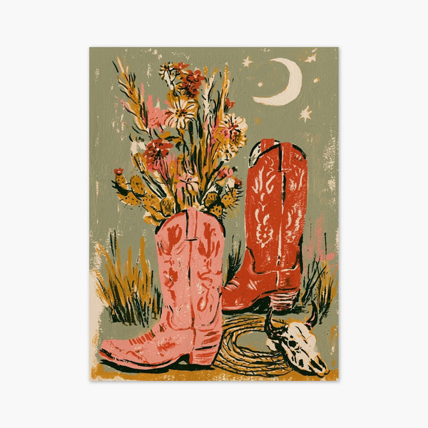 Cowboy Boots Floral Still Life Print art print