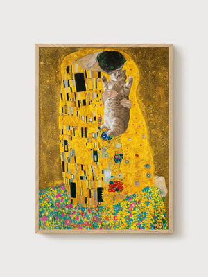 Klimt The Kiss Cat Parody Poster poster in oak frame