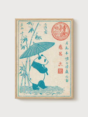 Panda With Parasol Print poster in oak frame