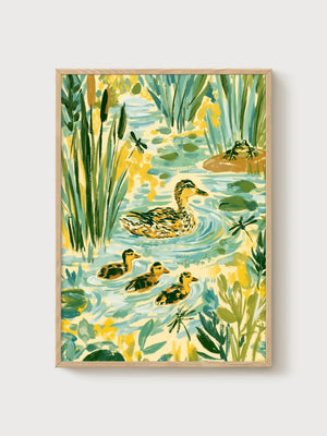Marsh Painting Mallard Duck Family poster in oak frame