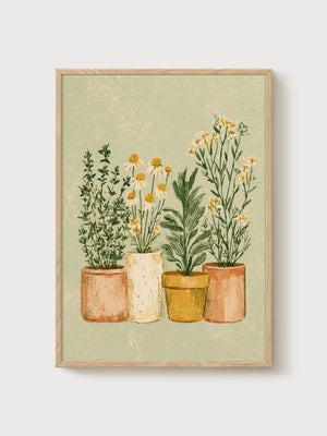 Watercolor Flowers Potted Herbs Print poster in oak frame
