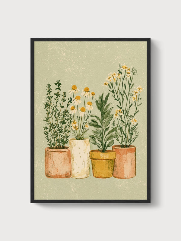 Watercolor Flowers Potted Herbs Print poster in black frame