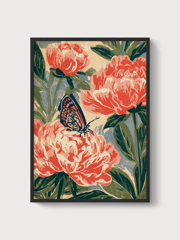 Art Nouveau Peony Print poster in black frame