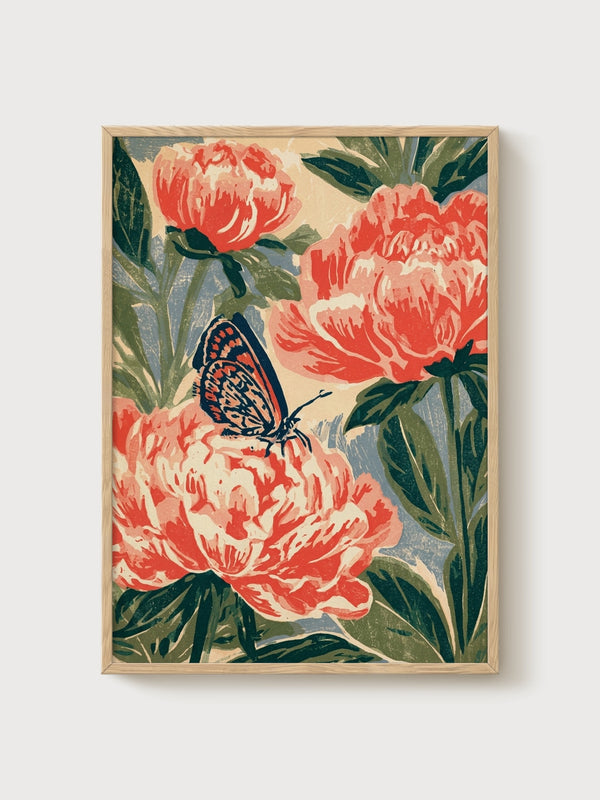 Art Nouveau Peony Print poster in oak frame