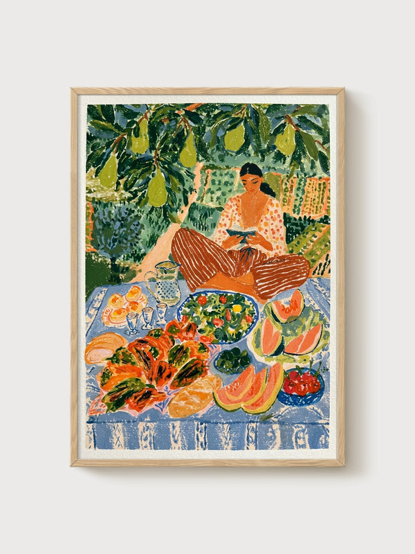 Pear Garden Picnic Art Nouveau Print poster in oak frame