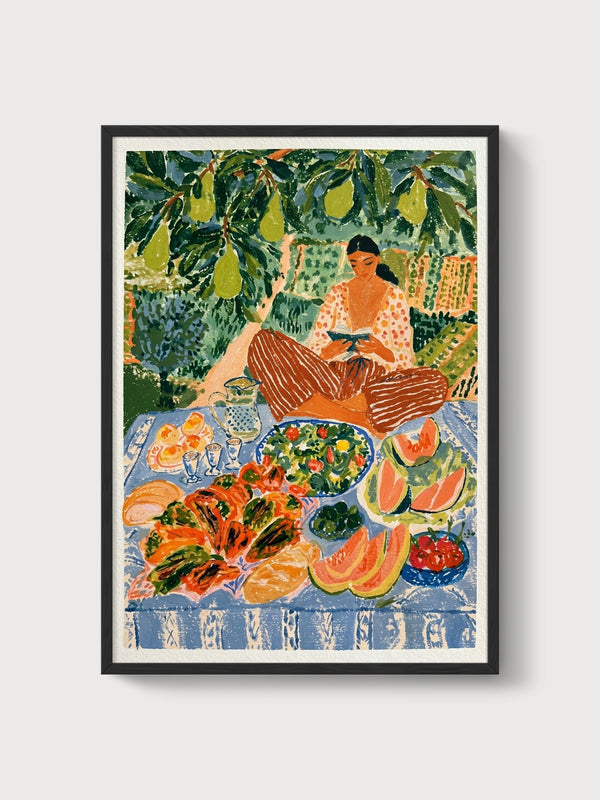 Pear Garden Picnic Art Nouveau Print poster in black frame