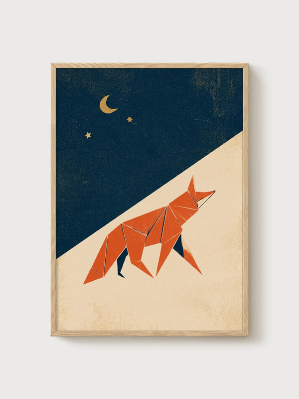 Fox Art Print poster in oak frame