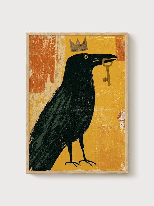 Crowned Raven Bird Art Print poster in oak frame