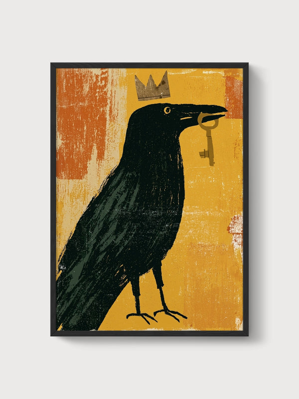 Crowned Raven Bird Art Print poster in black frame