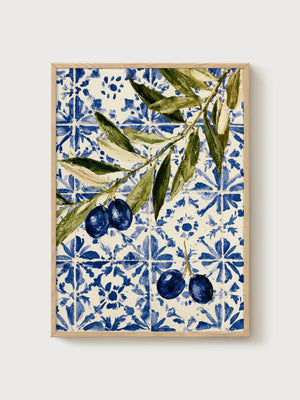 Olive Branch Watercolor Print poster in oak frame