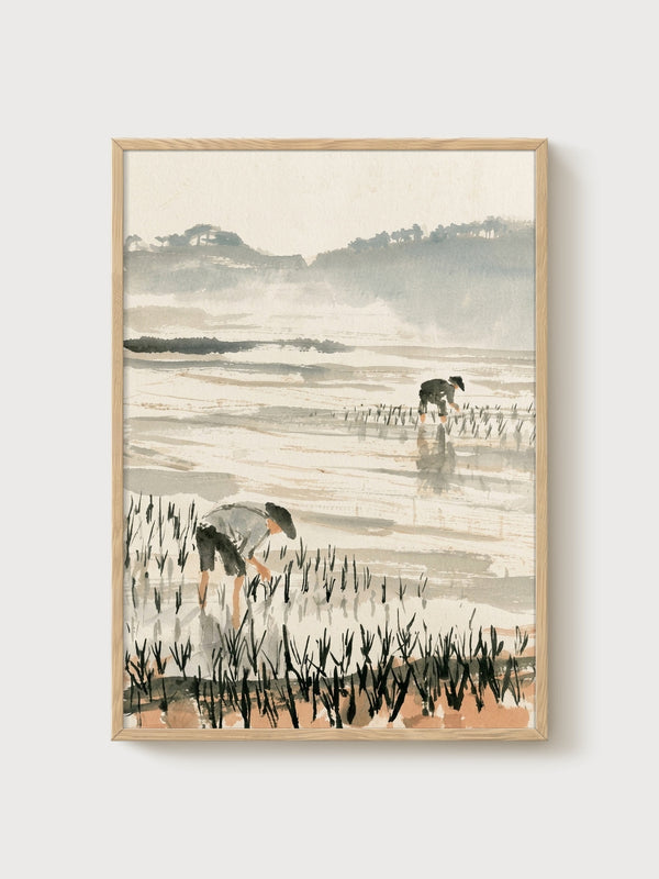 Watercolor Landscape Print poster in oak frame