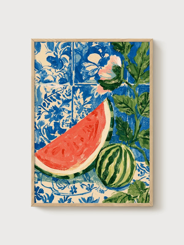 Watermelon Wall Art poster in oak frame