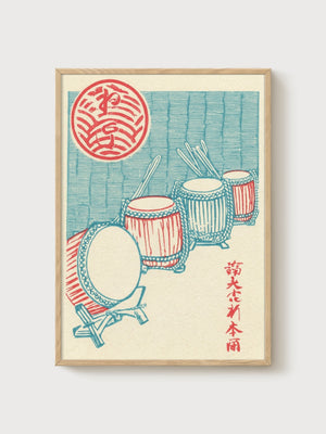 Japanese Taiko Drums Woodblock Print poster in oak frame