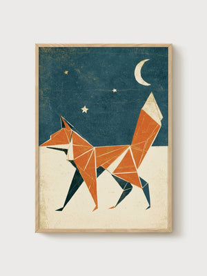 Fox Art Print poster in oak frame