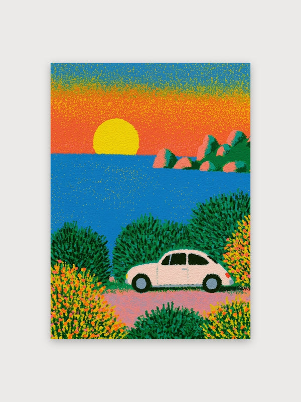 Retro Sunset Landscape with Car - Digital Download